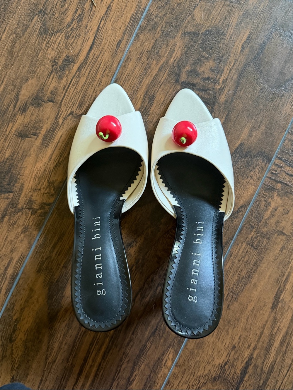 Gianni Bini White Slide Mules with Red Cherry Accent